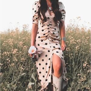 AFRM Suki Dress Ruched Nude Polka Dot Midi Slit Satin Dress Small Influencer
